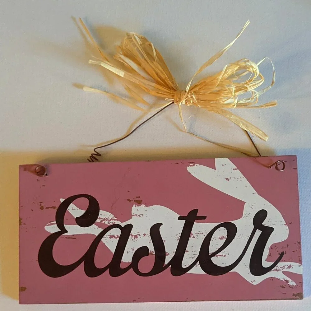 NWT Rustic Pink Easter Bunny Sign Farmhouse Spring Home Decor Rabbit Raffia Wood